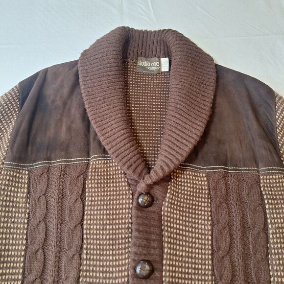 Vintage Studio One By Campus Brown Knit Suede Cardigan Sweater Grandpacore Sz XL - Picture 8 of 11